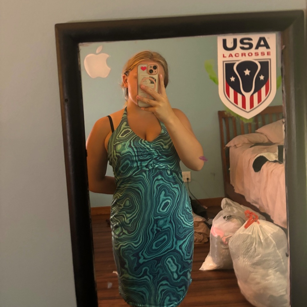 Blue shades swirl print halter dress